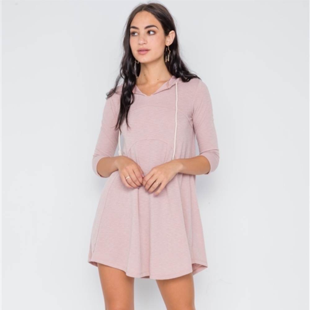 Mauve Pink 3/4Sleeve Knit Mini Dress with Hoodie!